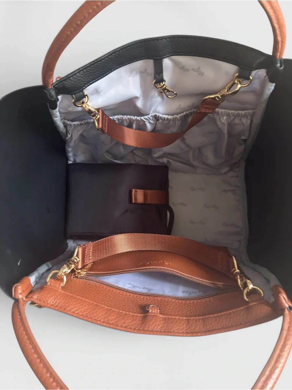 Itzy Ritzy Tri-Panel Tote in Black, Brown & White